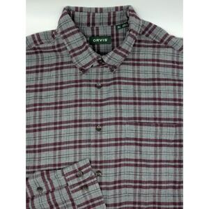 Orvis Luxury Flannel Shirt Men's XL Gray Burgandy‎ Plaid Button Down Cotton
